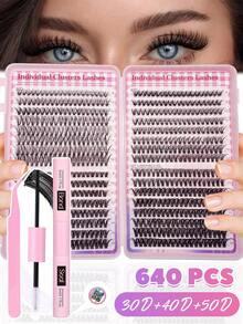 640 PCS Individual Cluster Lashes With Bond&Seal Glue + Tweezer | 3D/4D/5D Styles For Voluminous&Natural Look - Hypoallergenic, Reusable, Beginner Friendly - Black - View 3
