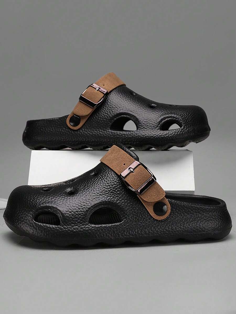 2026 New Men's Hollow Sandals, Summer Retro Breathable Comfortable Slide Sandals With Heel Strap, EVA One-Piece Outdoor Sports Driving Dual-Use Comfortable Men's Sandals - Black - View 1