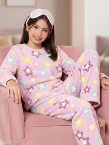 Children's Plush Teddy Pajamas For Winter, Cold Weather, Closed, Pink Star - 查看 3