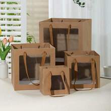 3pcs/6pcs Set Kraft Paper Flower Gift Bags With Ribbon Handles, Bulk Kraft Brown Paper Shopping Bags, Wedding Birthday Party Favor Bags, Square Brown - Multicolor - View 5