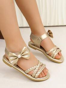 2026 New Arrival Summer Gold Woven Criss-Cross Pearl Bow Sandals - Gold - View 3