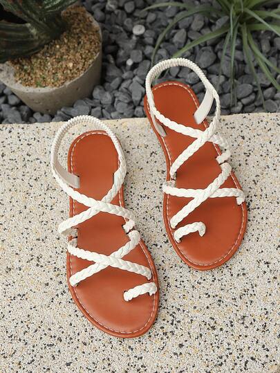 Sandalias planas con tiras cruzadas tejidas para adolescentes, estilo casual bohemio para uso diario, vacaciones, campus, salir con amigos. Disponible en blanco, negro, marrón