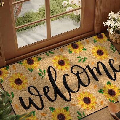 Tapete de boas-vindas com estampa interessante de girassol e folha, estilo casa de campo, antiderrapante, para uso interno e externo. Lavável à máquina, feito de fibra de poliéster. Ideal para cozinha, sala de jantar, corredor, banheiro, quarto, área externa, hall de entrada e decoração de casa. Perfeito para todas as estações.