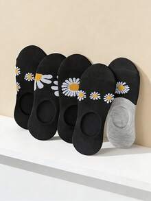 5 Pairs Women's Thin Floral Print Non-Slip Silicone Grip Boat Socks, Suitable For Spring And Summer - Multicolor - View 2