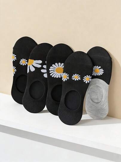 5 Pairs Women's Thin Floral Print Non-Slip Silicone Grip Boat Socks, Suitable For Spring And Summer