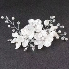 3pcs Bridal Wedding Flower Crystal Pearl Hair Clips, Rhinestone Inlaid Embossed White Flower Hair Accessories - White - View 12