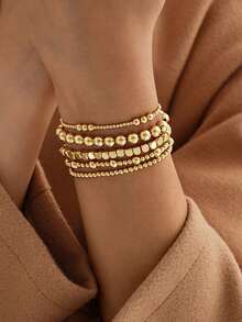 Set de 5 pulseras con cuentas de diseño geométrico cuadrado, con textura metálica, pulseras elegantes y creativas en capas, adecuadas para uso diario, fiestas, citas y ocasiones de negocios de las mujeres - Amarillo Oro - Ver 2