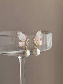 Crystal Butterfly Pearl Earrings, Unique Design Fashionable Earrings For Women - Pink - View 4
