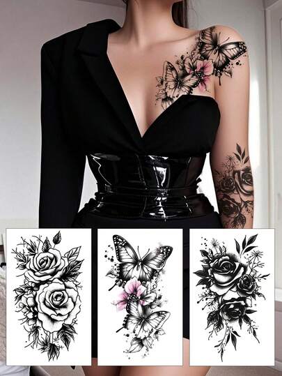 3pcs Sexy Black Butterfly, Flower, Rose Temporary Tattoos, Waterproof Realistic Fake Tattoo Stickers For Women Arms, Legs, Chest, Body Art, Carnival, Valentine's Day