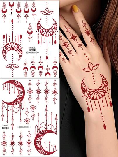 2 Packs/Sheet Henna Tattoo Sticker For Women, Moon And Stars Waterproof Temporary Henna Tattoo For Hand And Fingers, Disposable Fake Tattoo Suitable For Ramadan Festival Body Decor