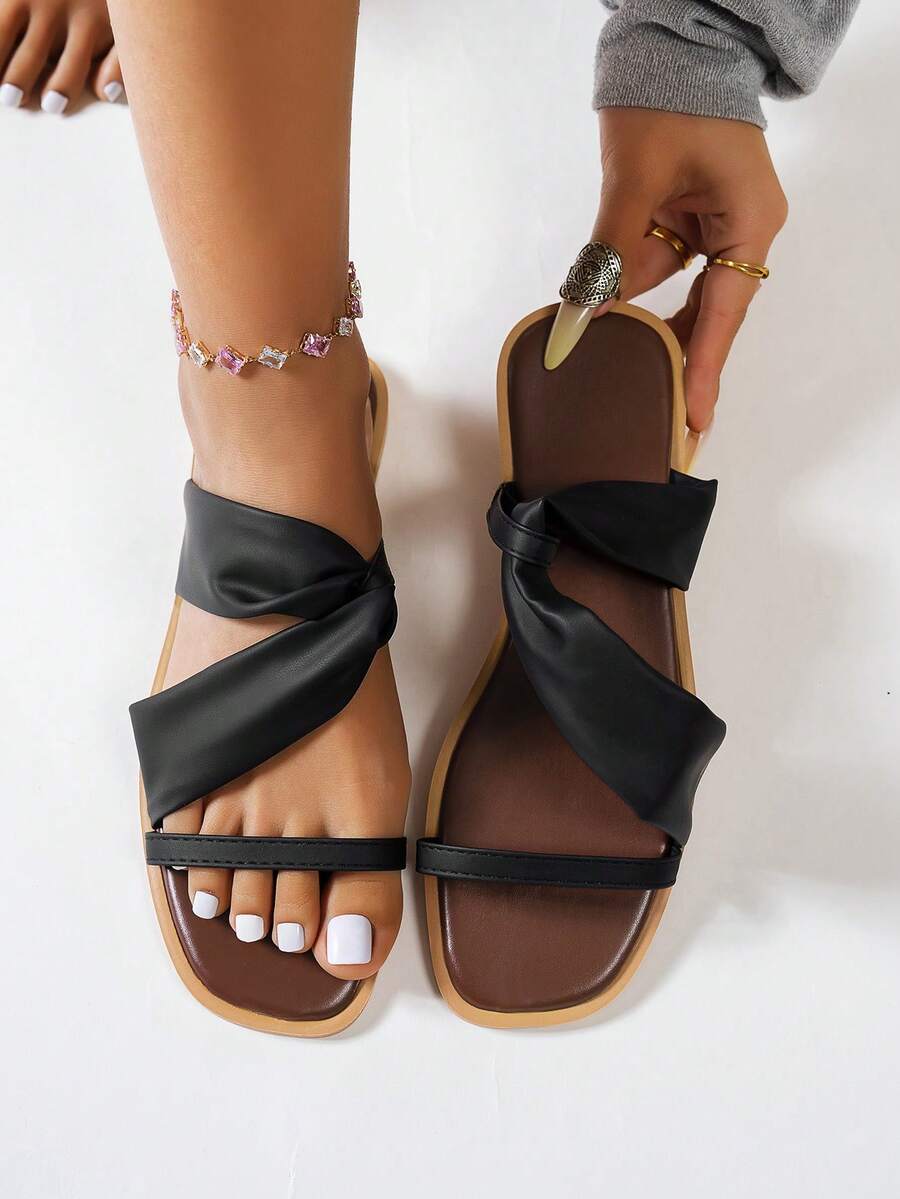 女士黑色时尚仙女风沙滩拖鞋，简约网纱明星设计露趾平底凉鞋 - 黑色 - 查看 1