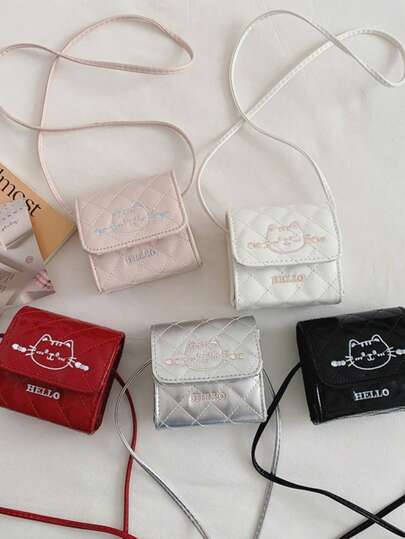 1个菱形图案+卡通猫刺绣+字母印花亮面PU皮革迷你硬挺磁扣甜美少女风单肩斜挎方包，适合日常及工作场合