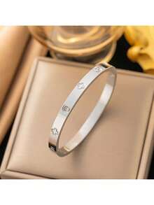 1件闪亮锆石手链，女士四叶草印花爱心不锈钢手镯，首饰礼品 - 四葉草款式 - 查看 6