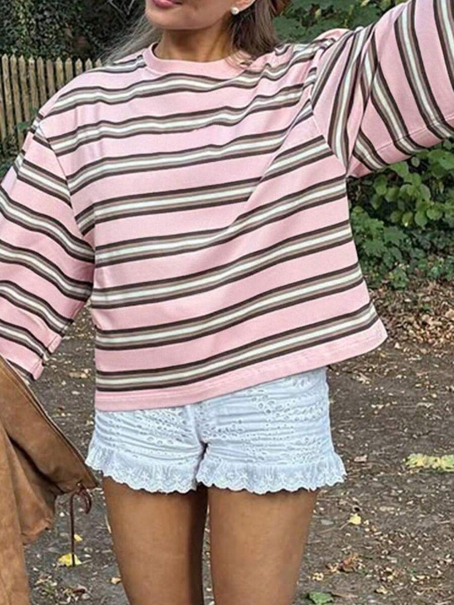 大码女式新款罗纹圆领条纹宽松上衣，喇叭袖条纹长袖T恤，可爱，适合周日穿着，粉彩色条纹，机场图案T恤，休闲可爱，约会之夜，舒适的粉色系春季单品 - 粉色 - 查看 1