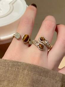 3pcs Elegant & Chic Casual "Old Money" Style Luxury Tiger Eye Stone & Zirconia Inlaid Fashion Ring Set, Suitable For Women's Daily, Party, Banquet Wear - Yellow Gold - View 5