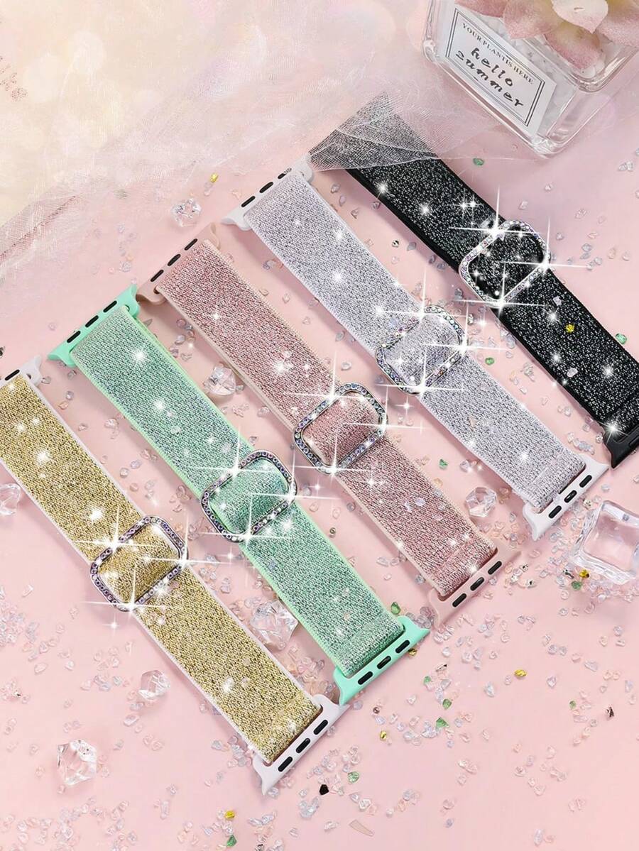 Sparkly Bling Stretchy Band Compatible With Apple Watch 38mm 40mm 41mm 42mm 44mm 45mm 46mm 49mm Girls Teenagers Kids , Nylon Shiny Strap Solo Loop Glitter Wristband Compatible With IWatch Series 11 10 9 8 7 6 5 4 3 2 1 SE Ultra