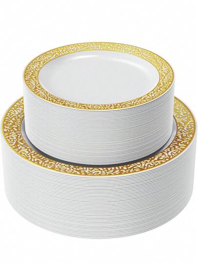 50/25/10pcs White Round Gold Rim Dinnerware Set, Plates, Salad Dishes, Suitable For Cakes, Desserts, Salads, Burgers, Sandwiches, Sushi, Ideal For Weddings, Easter, Graduation Parties, Outdoor Garden Dining, Valentine's Day, New Year, Mother's Day Gifts, Back To School, Ramadan, Suitable For Various Parties (Full Tableware Set, Plates, Trays, Dishes, Kitchen Utensils)