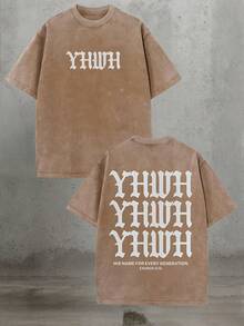 Casual Oversized Black Denim T-Shirt With YHWH Text Graphic Stylish Relaxed Fit Crew Neck Short Sleeve Fashion Top For Every Generation - màu nâu cà phê - Xem 1