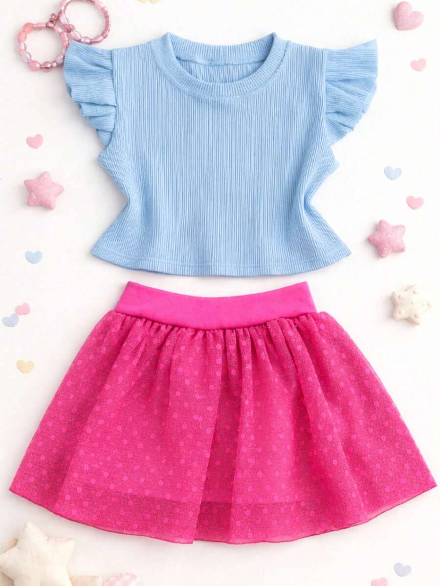 Girls' Outfit Set: Tulle Shorts Skirt With Ruffle And Cropped Top With Ruffled Frills, Pleated, Spring And Summer CJI043 - Pink and Baby Blue - View 1
