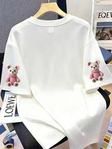 Women's Cute Teddy Bear & Balloon Print Short Sleeve T-Shirt Casual - White - View 3