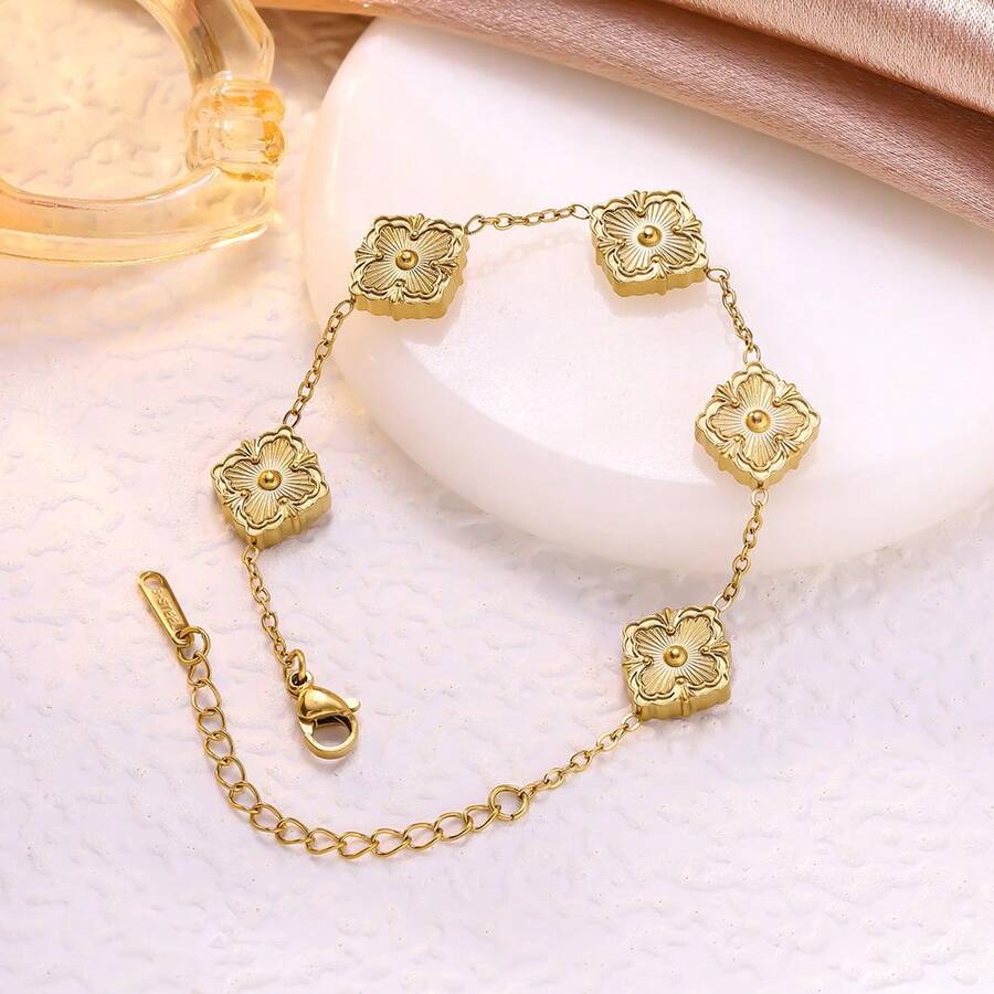 5-Leaf Clover Gold-Plated Bracelet, 3D Floral Design, Stainless Steel Hypoallergenic Women's Fashion Gift - Multicolor - View 1