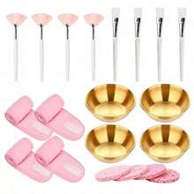 2/3/4/5/10/20 Pcs Esthetician Facial Care Tool Set, Multiple Combinations Available, Home Care, Travel Portable Face Mask Applicator Kit Includes 4 Rose Gold Face Mixing Bowls, 4 Fan-Shaped Face Mask Brushes, 4 Flat Head Brushes, 4 Compressed Sponges And 4 Headbands, Suitable As Spa Party Favors Or Face Masking Set - Multicolor - View 20