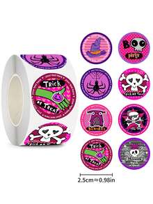 1 Roll Of 500pcs Halloween Purple Spider & Skull "Trick Or Treat" Round Stickers, Adhesive Labels - Multicolor - View 10