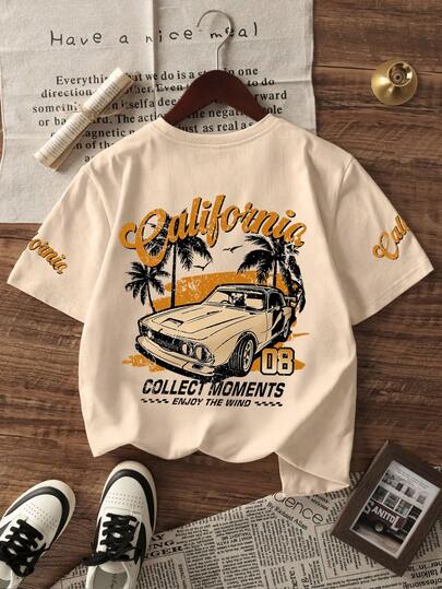 复古汽车字母印花圆领T恤，青少年男童款，夏季新款童装