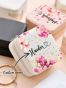 1pc Personalized Name Jewelry Box, PU Leather Travel Jewelry Case, Multi-Functional Elegant & Modern, High Quality, Customizable, Unique, Ideal Gift For Mother's Day, Wedding, Bridesmaid, Christmas, Anniversary, Birthday, Etc. - Covered With Flowers & Name - View 4