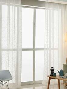 1pc White Vertical Striped Embroidered Sheer Curtain Panel For Bedroom & Living Room - White - View 1
