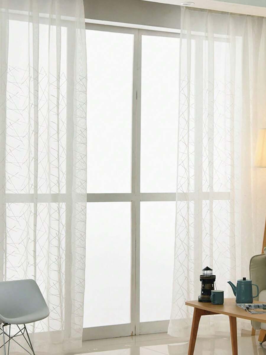 1pc White Vertical Striped Embroidered Sheer Curtain Panel For Bedroom & Living Room - White - View 1