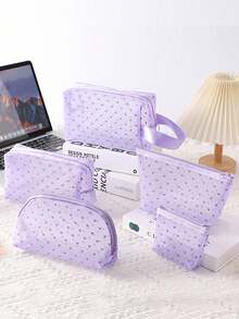 1个/5个装印花网眼化妆包，心形化妆包，植绒透明收纳袋，大容量化妆包，便携式化妆品收纳包，口红零钱包，洗漱包，旅行手提包，女士口红小包，网眼化妆包，贝壳包，镂空洗漱包，心形印花透明网眼化妆包，旅行洗漱包，化妆包，化妆品收纳包，化妆品整理包，返校用品 - 紫色 - 查看 15
