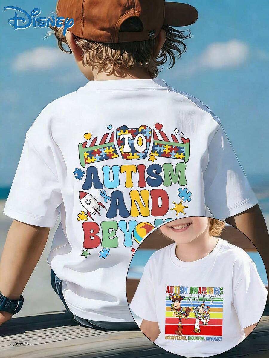 Disney Boy And Girl Casual Fashion Short-Sleeved T-Shirt, Featuring A Cartoon Character Woody Scene. Suitable For Party Outfits And Daily Wear. - 白色 - 查看 1