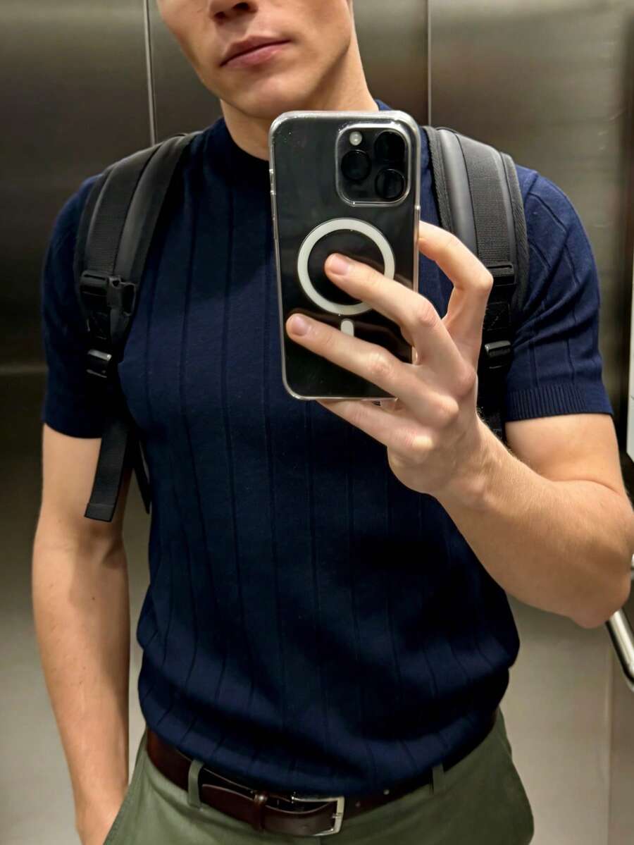 Suéter de punto fino holgado de manga corta con cuello redondo acanalado para hombre, primavera/verano, regalo del Día del Padre
