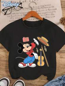 [Disney Licensed] Street Musician! Mickey Mouse Violin Print Women's T-Shirt, Casual And Stylish Round Neck Short Sleeve Summer Top, Youthful And Cool Cartoon Sweatshirt For Girls, Outdoor Daily Casual Wear - Black - View 2