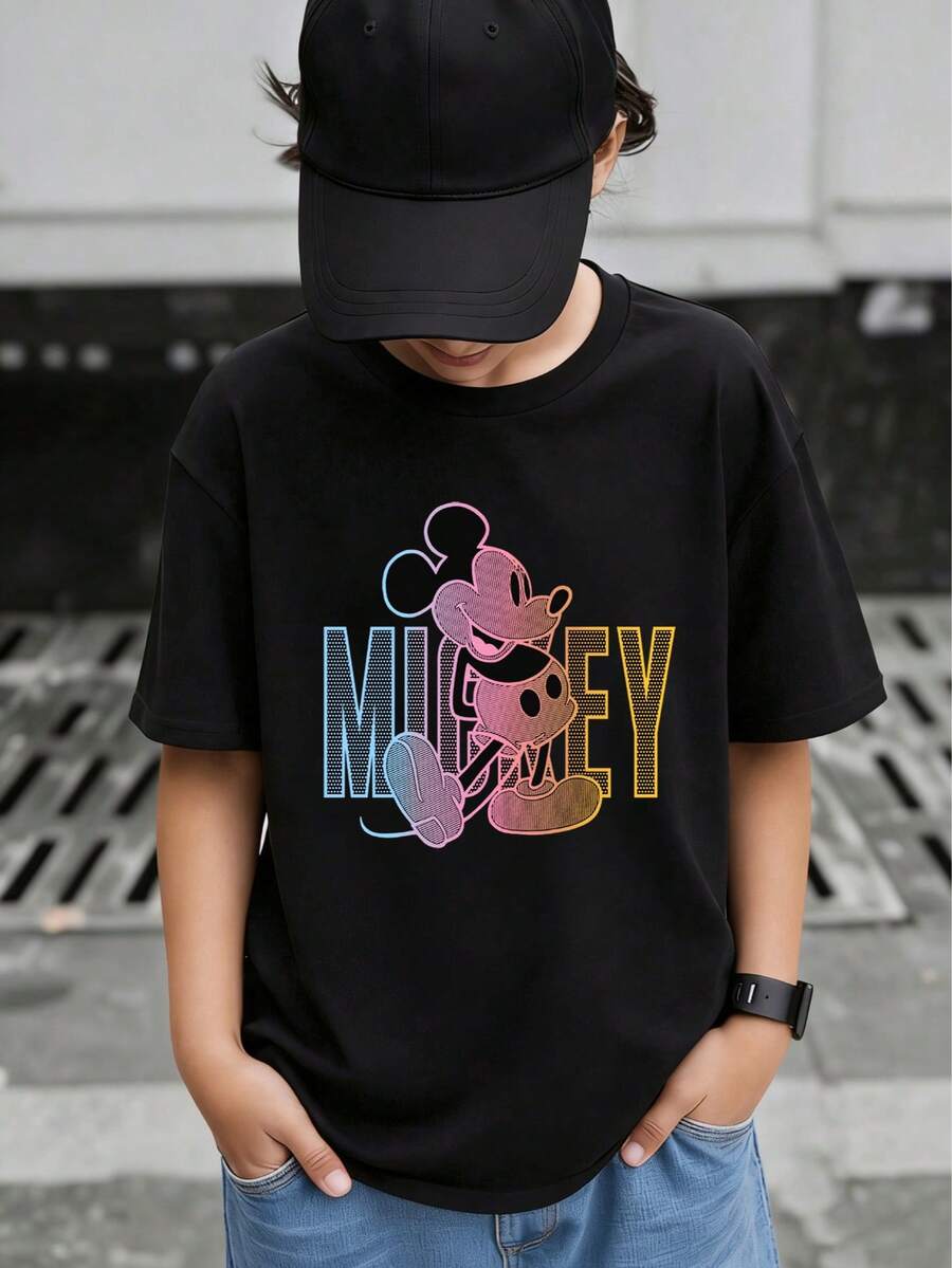 Unisex Youth Disney Mickey Mouse T-Shirt 2-14 | Colorful Line Art Print | Lightweight Comfort For School & Play | Express Delivery - 黑色 - 查看 1