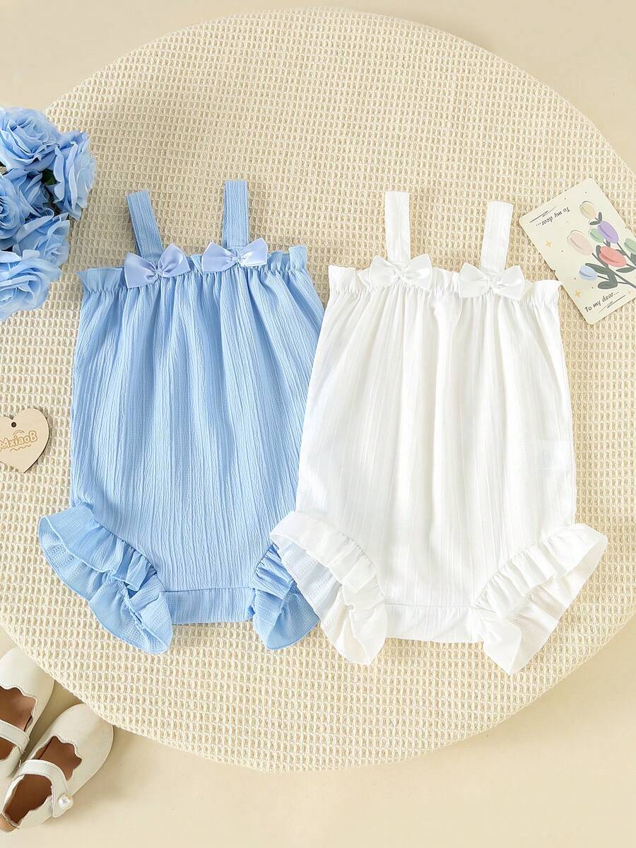 2pcs/Set Baju Terusan Bayi Perempuan Manis & Segar Tanpa Lengan dengan Hiasan Pita, Musim Panas - MultiWarna - View 1
