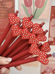 2/6pcs Retractable Heart Design Ballpoint Pens, Campus Style Back To School & Valentine's Day Series, Neutral Stress Pens - Love - View 1