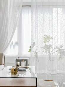 1pc White Vertical Striped Embroidered Sheer Curtain Panel For Bedroom & Living Room - White - View 7