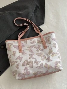 Neue Ankunft Damen Shopper Tasche mit großflächigem Blume Muster, großes Fassungsvermögen ultra-leicht mit Nieten Dekor, geeignet für Pendeln, Einkaufen, Büro, Universität - Pink - Übersicht 6