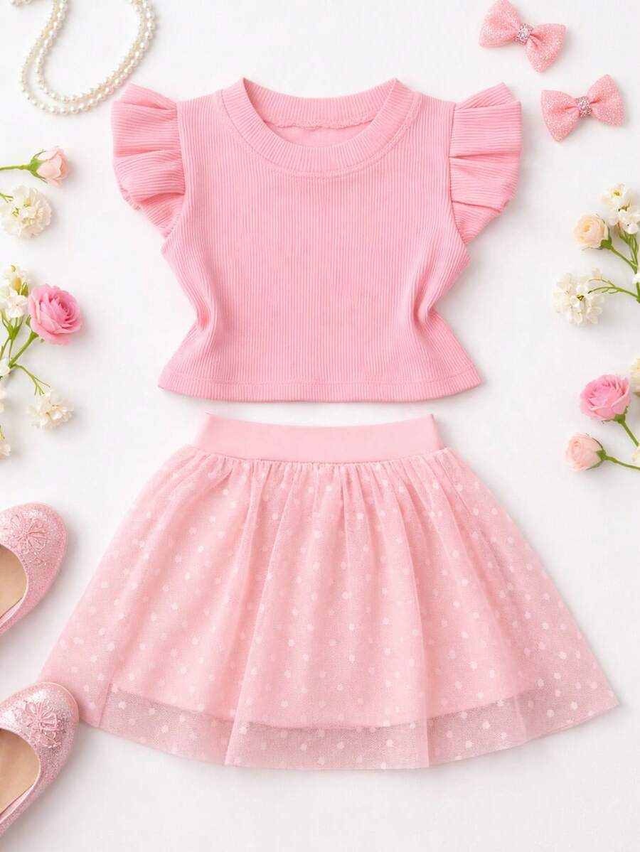 Girls' Outfit Set: Tulle Shorts Skirt With Ruffle And Cropped Top With Ruffled Frills, Pleated, Spring And Summer CJI043 - Baby Pink and Baby Pink - View 1