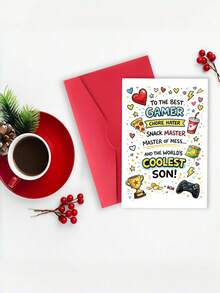 1pc "To The Best Gamer, Coolest Son!" Funny Gamer Son Card With Envelope - Cartoon Video Game Design, Ideal For Birthday, Father's Day & Just Because, Blank Inner Page - A - View 3