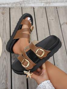 Dép lê đế xuồng dày dặn, kiểu dáng mới, trang trí khóa kim loại, thời trang, thoải mái, đa năng, chống bám bẩn, thích hợp cho mang hàng ngày. - màu nâu - Xem 3