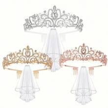 2pcs Bridal Crystal Crown & White Veil Set, Minimalist Silver Crystal Crown Veil Headpiece For Wedding, Party, Event - Multicolor - View 1