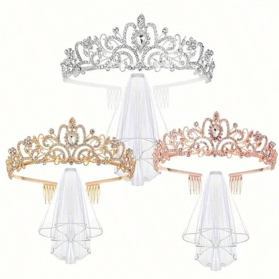 2pcs Bridal Crystal Crown & White Veil Set, Minimalist Silver Crystal Crown Veil Headpiece For Wedding, Party, Event - Multicolor - View 1