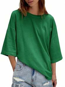 Women's Summer Oversized Half Sleeve Tunic Tees, Crew Neck Loose Fit Boxy Basic Casual Daily Tops - màu xanh lá - Xem 1