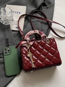 Rhombus glänzende vielseitige Schulter Umhängetasche, modische kleine quadratische Handtasche - Bordeaux - Übersicht 6