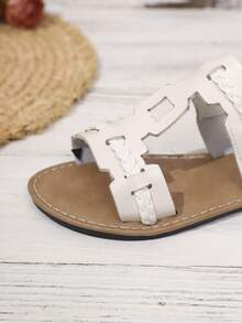 女士柔软舒适平底凉鞋，编织镂空弹力凉鞋，优雅波西米亚风沙滩休闲性感PU皮镂空平底凉鞋，沙滩节日假日夏季 - 白色 - 查看 3