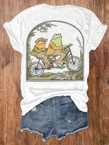 Frog Bicycle Casual Printed Round Neck T-Shirt, Women's Short Sleeve Top For Leisure And Vacation, Women's Clothing - trắng - Xem 2