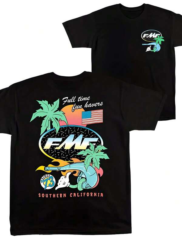 Camiseta gráfica retro de 1973 inspirada en las carreras FMF para hombres - 100% algodón premium de manga corta - Estampado vintage de los años 80 con palmera neón y escape - Camiseta casual de verano para amantes del tiempo libre - Regalo perfecto de cumpleaños o Día del Padre para entusiastas de las motos y amantes de la playa